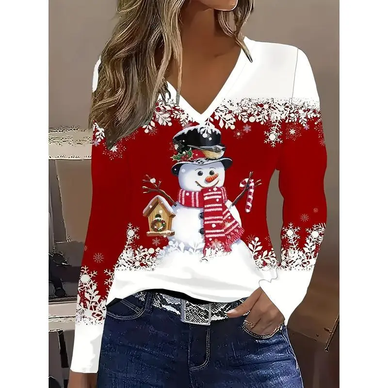 Women's Elegant Flocked Christmas Snowman Print V-Neck Sweater-Effect Long Sleeve Blouse - Cozy Winter Warmth, Machine Washable, Red & White Snowflake Pattern, Casual to Formal Holiday Party Outfits, Festive Winter Sweater Top with Fleece Lining, Medium S Women's Elegant Flocked Christmas Snowman Print V-Neck Sweater-Effect Long Sleeve Blouse - Cozy Winter Warmth, Machine Washable, Red & White Snowflake Pattern, Casual to Formal Holiday Party Outfits, Festive Winter Sweater Top with Fleece Lining, Medium S