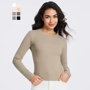 MIDMX Basic Crewneck Compression Top Women Long Sleeve Slim Fit Stretchy Tee
