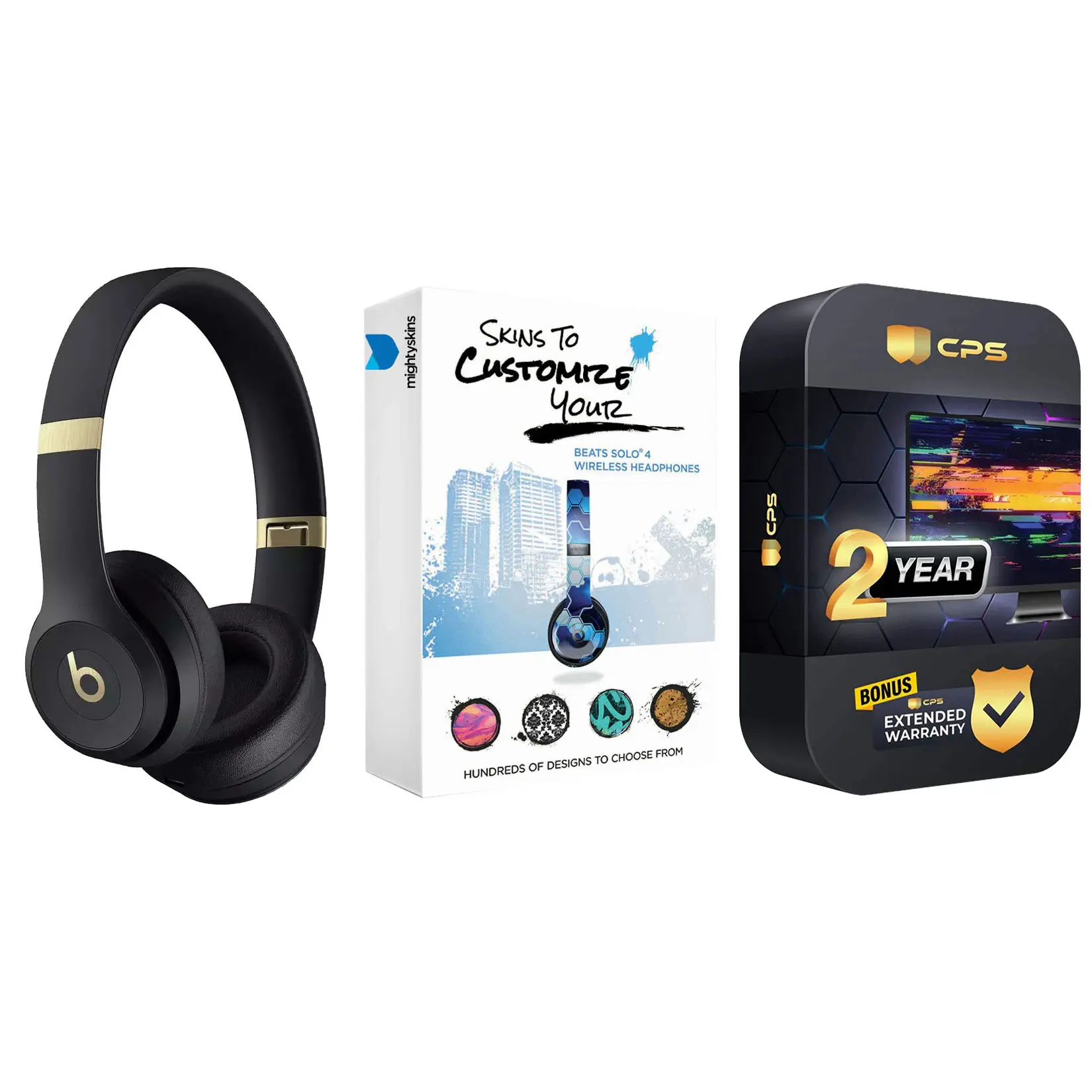 Beats Solo 4 Bluetooth Wireless On-Ear Headphones with MightySkins Protective Skins and 2 Year Extended Warranty Bundle - Black/Gold