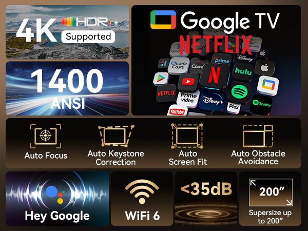 【Summervibes】4K Smart Projector with Official Google TV – WiFi 6, Bluetooth, Auto Focus, HiFi Sound, 200" Display, Compatible with iPhone, Android & PC, Indoor/Outdoor
