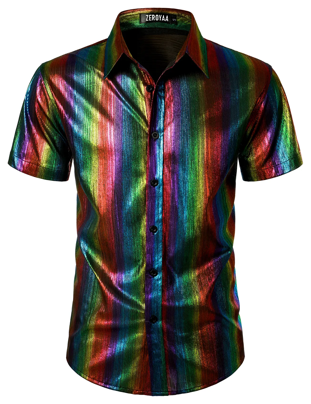 ZEROYAA Men 70s Shiny Short Sleeve Button Down Shirt Fashion Sparkle Disco Dress Shirts