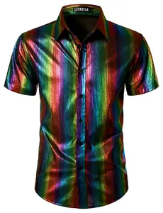 ZEROYAA Men 70s Shiny Short Sleeve Button Down Shirt Fashion Sparkle Disco Dress Shirts