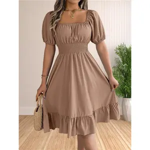 Women's Plain Ruffle Hem Shirred A Line Dress, Mufti Clothes, Casual Puff Sleeve Square Neck Knee Length Dress, Capri Sun Dress, Women's Clothing for Daily Wear, Birthday Gifts, Dresses