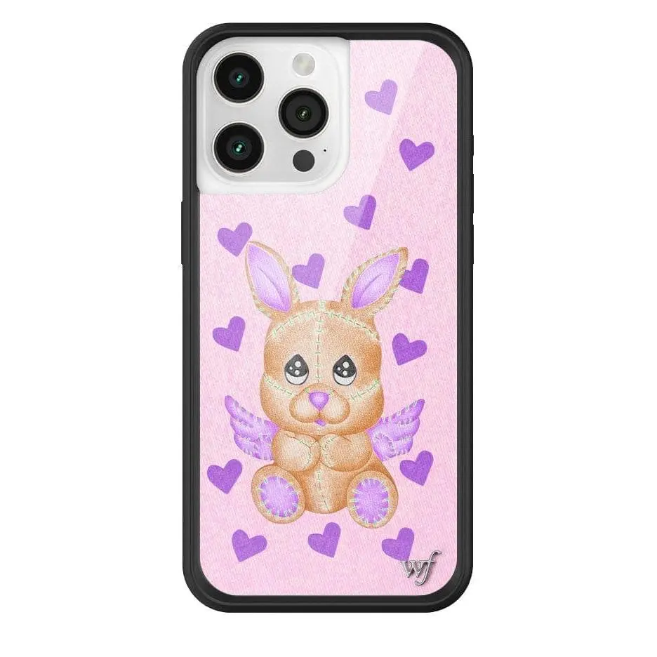 Love Stitched | Limited Edition Trendy iPhone Case | Raised Protective Black Bumper | Women Owned Small Business | Pink Background Plum Purple Hearts Stitched Angel Bunny Purple Wings | Safety Casing Protective | Gift for Her