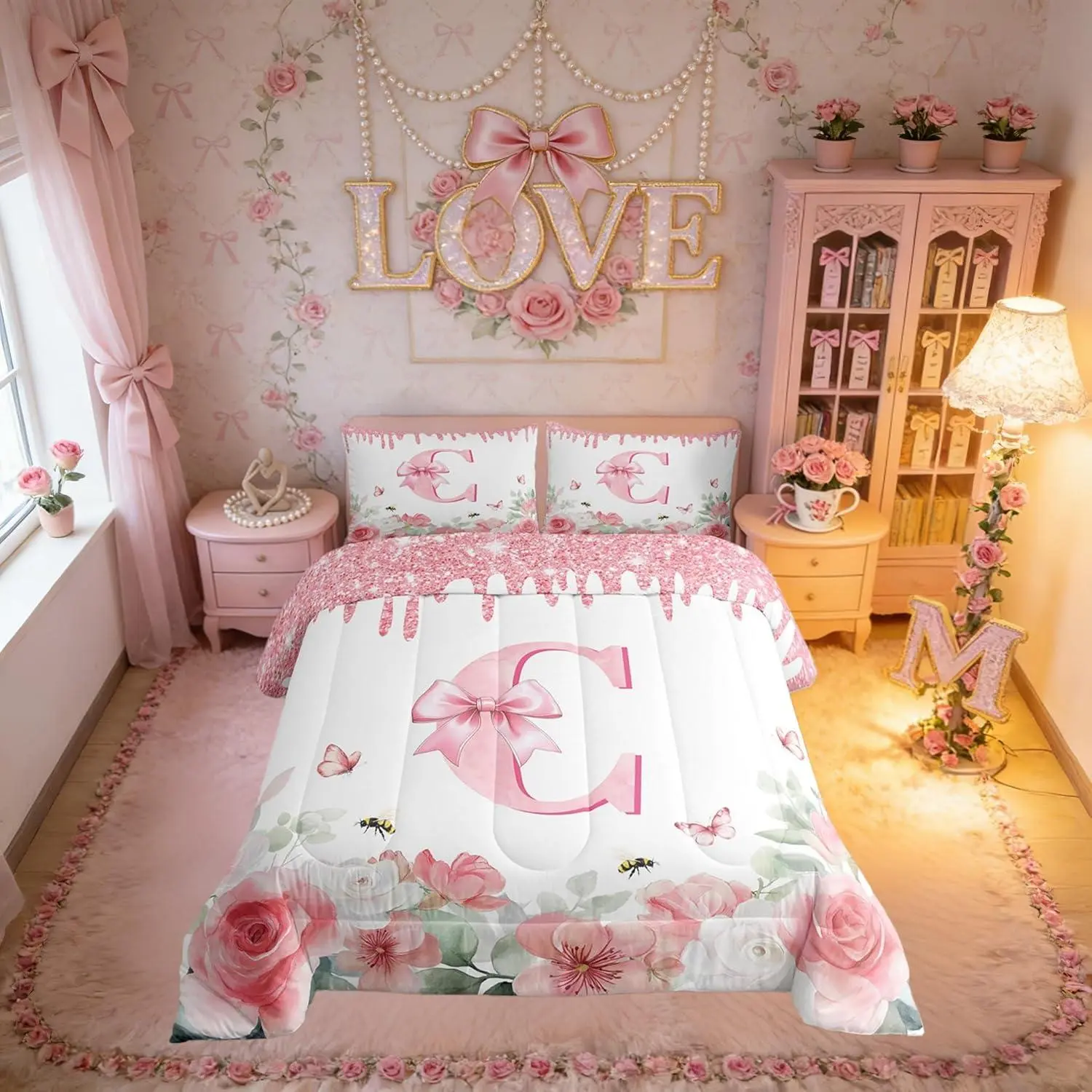 Feelyou Monogrammed Initial Letter C Pink Bow Duvet Comforter Set - Girls’ Theme Reversible Rose Bedding, Romantic Multi-Size Quilt for Kids’ Room Decor, Bows & Letters Romantic Bedroom Accessories, Twin, Full