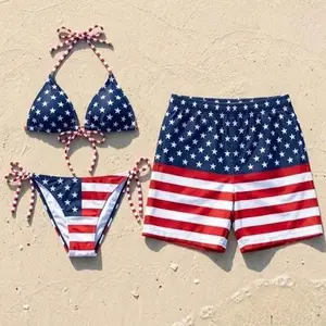 Couple Matching Swimsuit Set, Patriotic Vacation Outfits, Honeymoon Beachwear, Red White Blue Flag Bikini & Trunks, USA Souvenir Gift