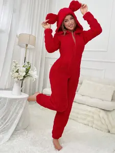 【Christmas gift】Women Winter Fleece Onesie Pajamas, Hooded Long Robe, Warm Sleepwear, Casual Cartoon Design, Fitted Long Sleeve, Winter Wear