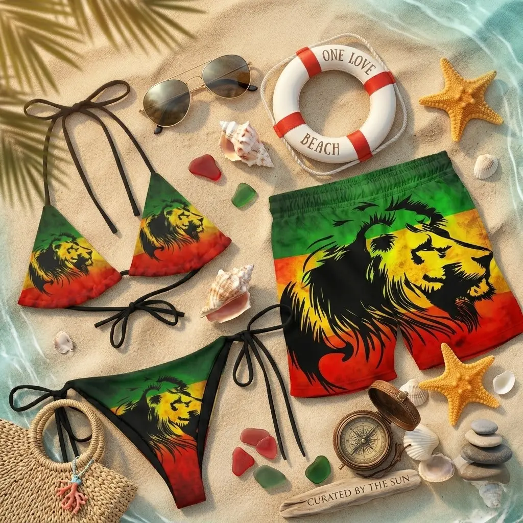 Rasta Lion Head Matching Couple Swimwear Set - Jamaican Reggae Bikini and Swim Shorts - Red Gold Green Caribbean Vacation Beach Outfit