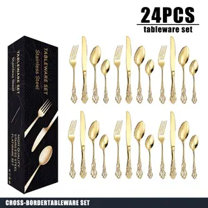 Luxury Vintage Royal Stainless Steel Cutlery Set, Utensils, Tableware Set, Dinnerware Sets, Silver Color Knife Fork Spoon, Elegant Tablecloth, Home Kitchen Restaurant Hotel Use