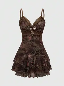 EMILEE Hippie Spring/Summer Women's Vintage Bohemian Ruffled Ribbon Lace Paisley Print Mini Dress