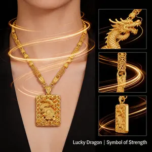 18KGold-plated fashion dragon totem pendant necklace for men, lucky charm;60CM men's Chinese religious protective jade ornament, auspicious jade pendant amulet, feng shui jewelry.