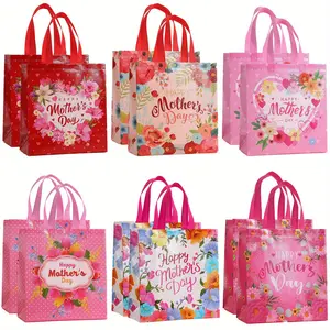 12/24 Pcs Mother's Day Gift Bags with Handle Tote Mom Floral Pattern Non Woven Gifts Bags Reusable Treat Flower Gift Bag Bulk Happy Mother's Day Goodie Candy Bags Party Gift Bundle