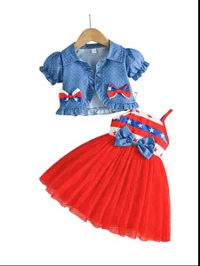 Baby Girl Summer 2-Piece Set, Short Sleeve Polka Dot Jacket & Star-Striped Tulle Dress with Bows, Patriotic Casual Outfit