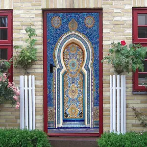 2 Islamic Style Decorative Door Wall Sticker with Traditional Blue Mosaic Patterns, Arch Doorway and Geometric Floral Designs, Self Adhesive Waterproof Removable Vinyl Decal for Living Room Bedroom Wa