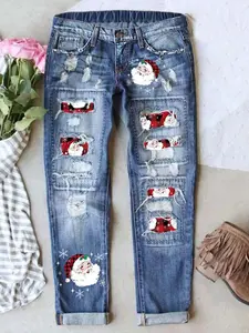 Women's Christmas Santa Print Jeans, Faded Denim Style, Elastic Waistband Design, Long Regular Fit Pants for All Seasons