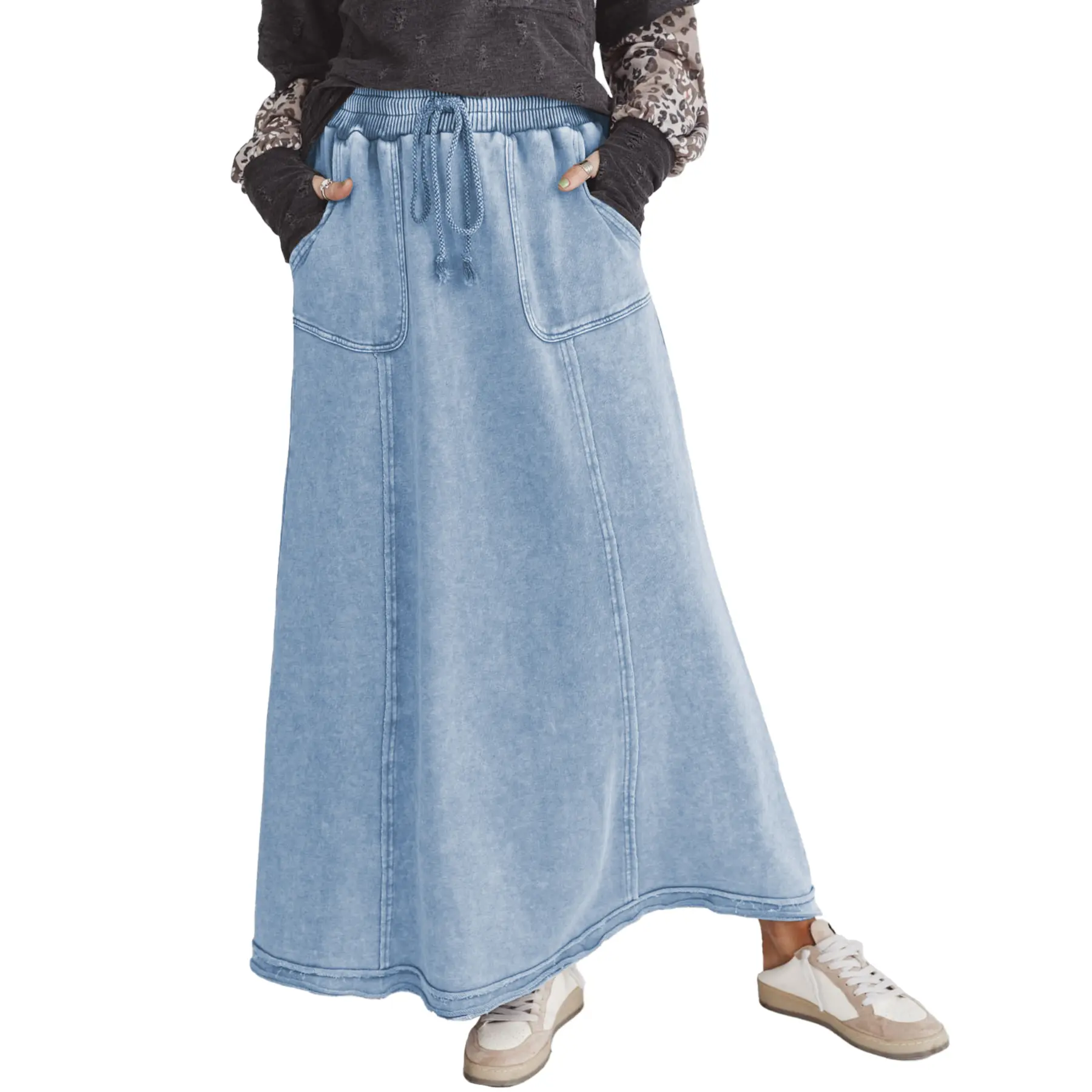 Hixiaohe Women's High-Waisted Oversized Maxi Skirt Bottoms - Distressed, Flowy, Stretchy A-Line Bohemian Fabric Travel Skirt with Pockets, Skirts, Vintage