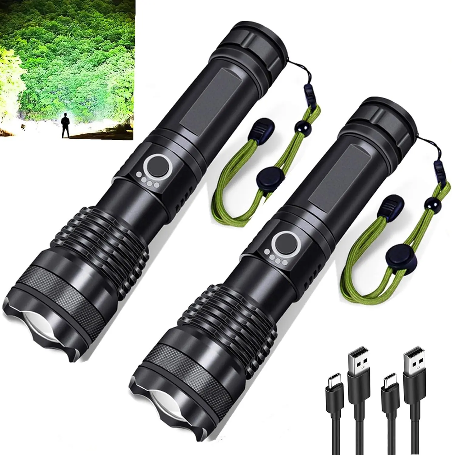 2 Pcs Set Unisex Compact Aluminum Rechargeable Flashlights, Super Bright High Lumens, 5 Modes Zoomable Tactical, Waterproof Handheld Powerful Flash Light for Emergency, Home & Camping Essentials Gift