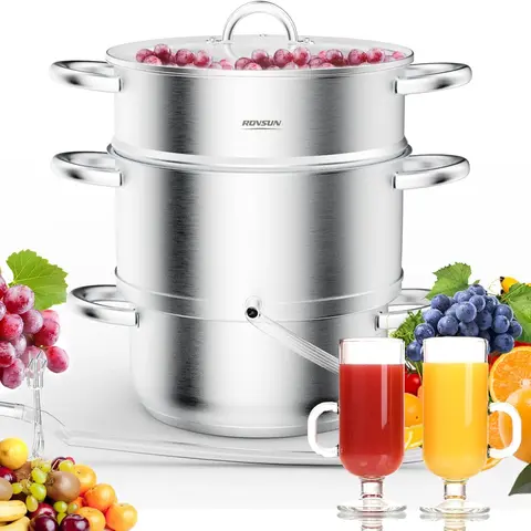 ROVSUN 5/9.3/11 Quart Juice Steamer Stainless Steel, Extractor Fruit Vegetables Juicer Steamer Pot, w/Tempered Glass Lid Clamp, Loop Handles, Ideal for Making Juice, Jelly, Pasta