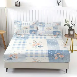 3Pcs Watercolor Floral Patchwork Fitted Sheet Set, Cottagecore Botanical Print, Soft Breathable Durable Bedding, All Season Bedroom Decor, Ideal Gift for Flower Lovers, Gingham Pattern Bedding
