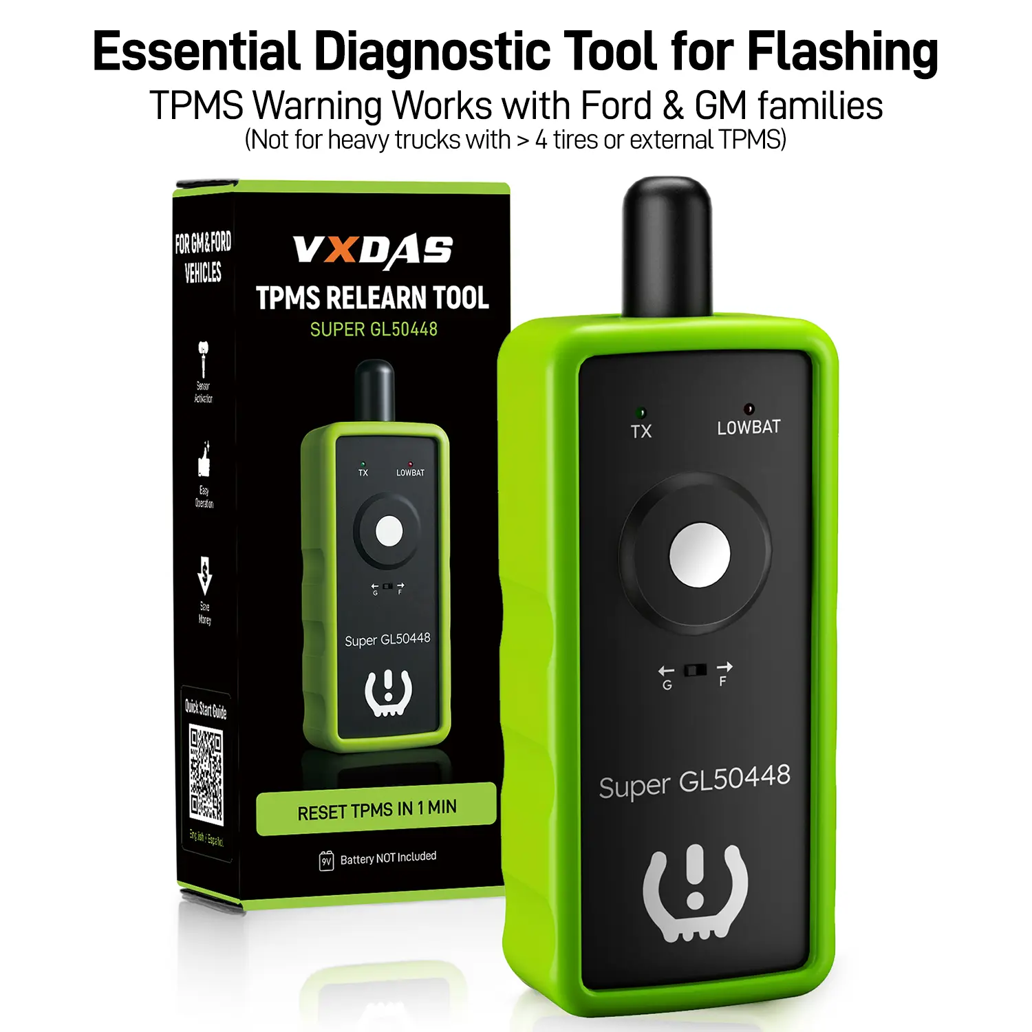 [For Ford and GM]  VXDAS Super GL50448 2-in-1 TPMS Relearn Diagnostic Tool for GM, Ford - Green Edition Tire Sensor Reset Tool with 1-Switch Activation for F150, Silverado, Sierra, Buick, Lincoln Vehicles