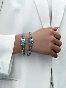 Vintage Revival Turquoise Cuff Bracelet, Elegant Minimalist Jewelry, Teardrop Square Gemstone Inlay, Luxe Geometric Design Bangle for Women, Teardrop Square Inlays