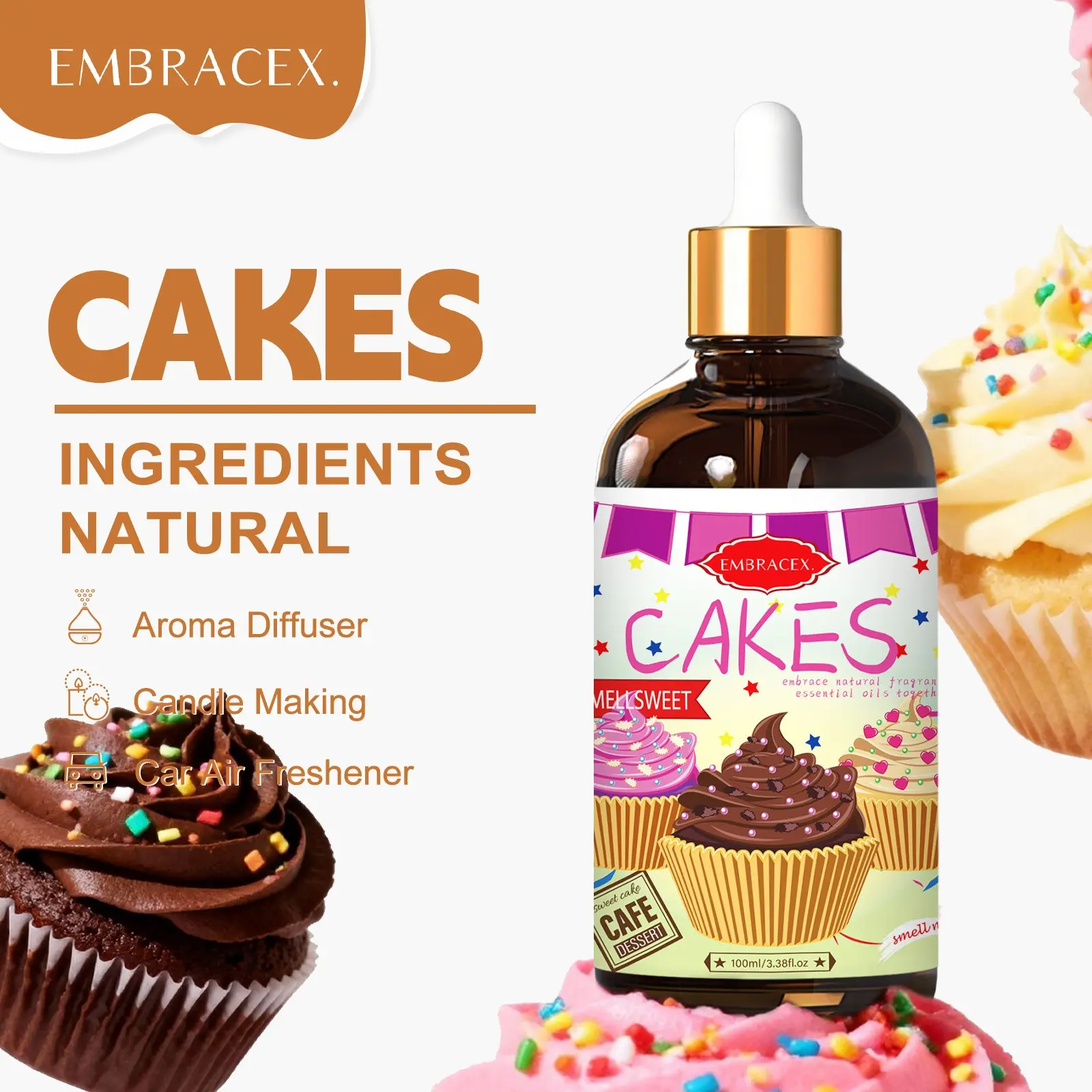 100ML Cakes Essential Oils, Food Grade Scented Fragrance Oil, Aromatherapy Diffuser Oil, Humidifier Diffuser Car Air Freshener, DIY Soap Candle Bath Body Massage Home Decor