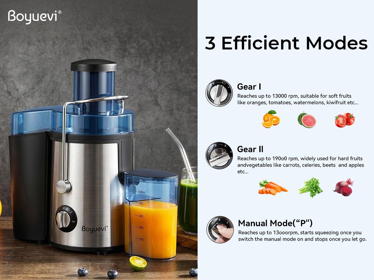 BOYUEVI-800W Home Use Multi-function Electric Juicer with 3" Feed Chute for Whole Fruits and Veg, Centrifugal Juicer with 30 oz. Juice Jug,BPA-Free, Easy to Clean