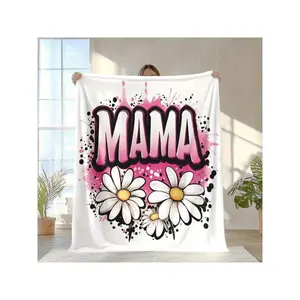 1pc MAMA & Daisy Print Flannel Blanket - Soft Warm Lightweight 200-250g, Vibrant Pink Daisies On Black Splatter Design, Machine Washable All-Season Throw For Camping Travel Home Decor, Mother's Day Gift For Mom Friends Family-30*40in