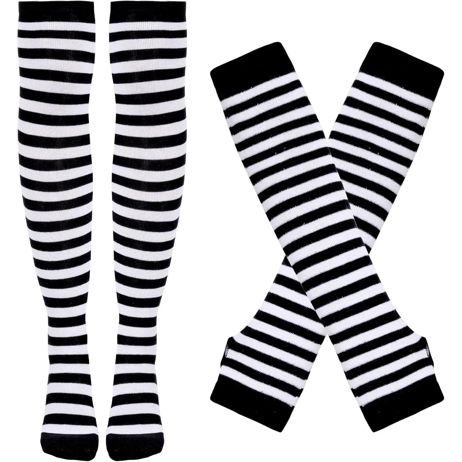 Women's Striped 2-Piece Socks & Fingerless Gloves Set - Soft Elastic Fabric, Knee-High/Over-The-Thigh Socks, Arm Sleeves for Birthday, Halloween Cosplay Accessories
