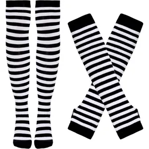 Women's Striped Knee High Socks, Over Knee Thigh High Socks, Arm Warmer and Fingerless Gloves Set