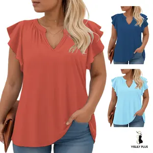 Women’s Plus Size Summer Tops Cute Notched V-Neck Blouses Cute Ruffle Short Sleeve Tunic Tees Casual Elegant Womenswear Shirts  XL–5XL VPS0153