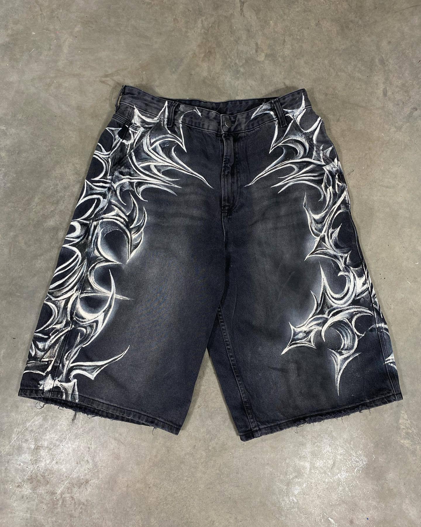 Noctra Retro Gothic Printed Denim Shorts