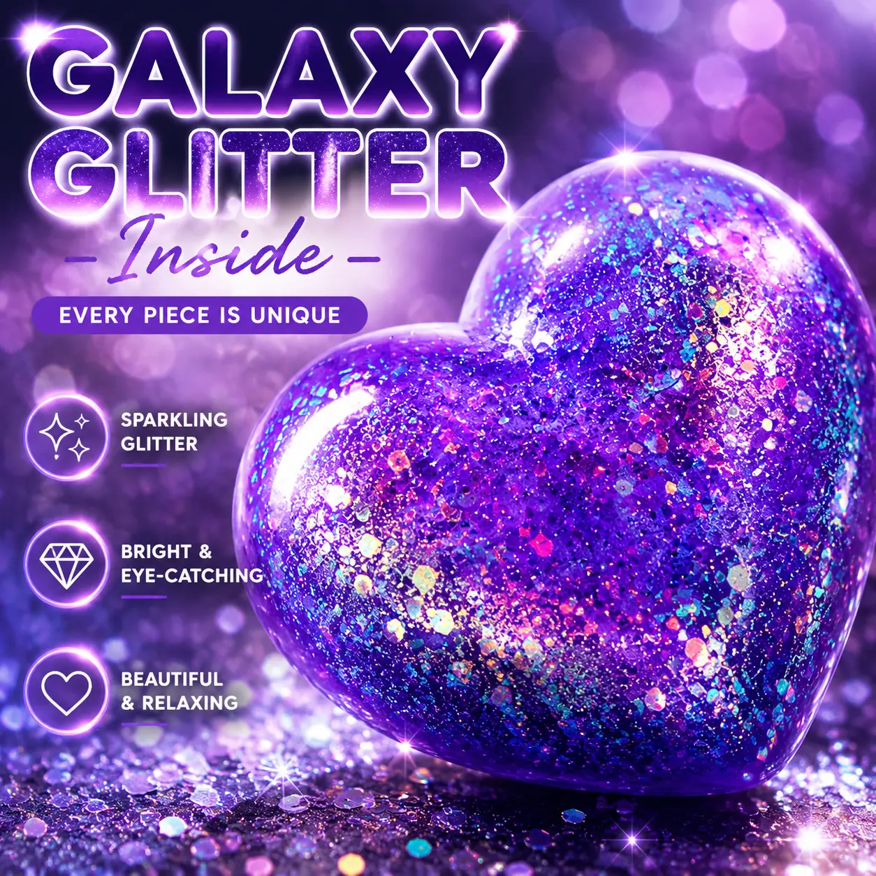 Glitter Heart Squeeze Toy – Sparkly Squishy Stress Relief Fidget Toy, Soft Squeeze Ball for Kids and Adults, Perfect Party Gift