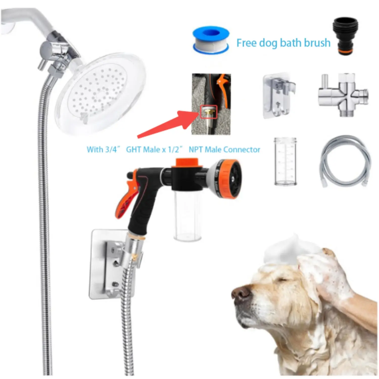 Pet Dog Wash Sprayer with Shampoo & Soap Dispenser, Metal 3-Way Diverter, 6.6ft Hose, 10 Spray Patterns, Easy Flow Control, Durable Build, Labor-Saving Design, Bathing & Soap Dispense Modes - Tools & Hardware, Car Washing