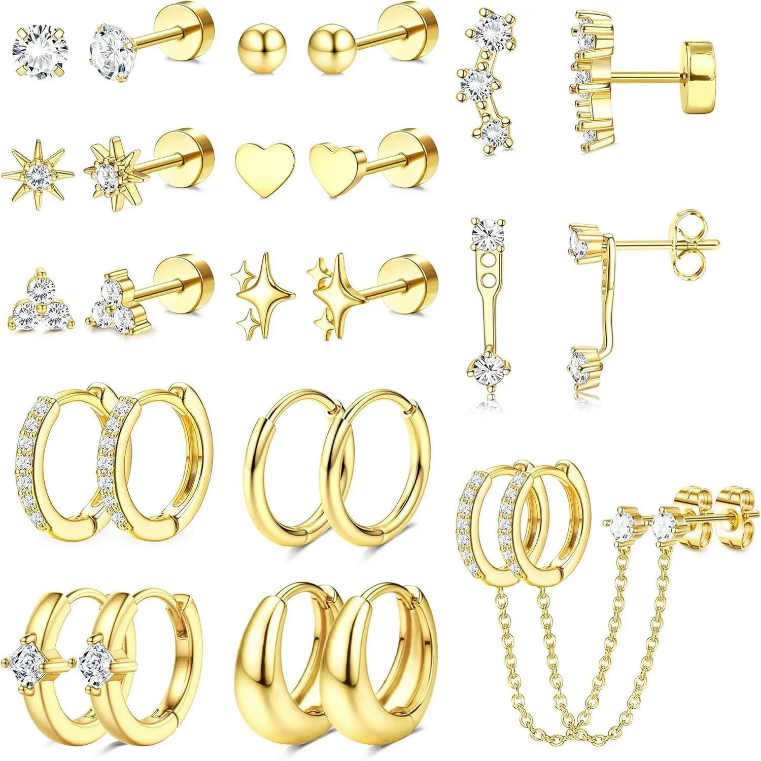 CASSIECA Women's Hypoallergenic Surgical Steel Flat Back Earring Set - 14-karat Gold Plated Star Heart CZ Studs, Trendy Cartilage Chain Hoops, Dainty Stacking Earrings for Multiple Piercings, Daily Wear Accessories for Women