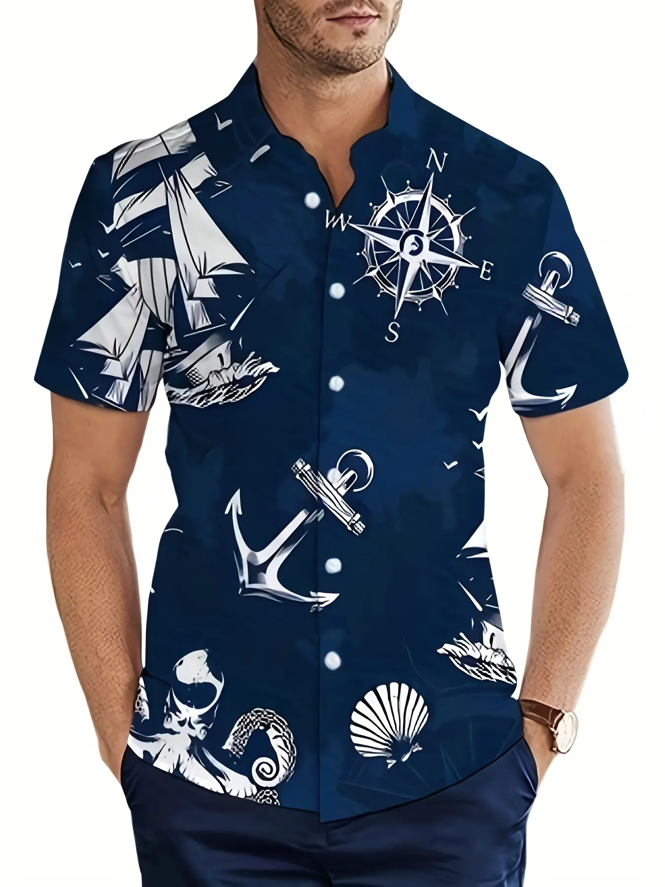 Men's Pirate Ship and Anchor Print Casual Shirt - Black and White Nautical Design Casual Printed Short Sleeve Button-Up Top Classic Casual Summer Tops