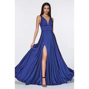 Satin Flowy A-Line Dress With Leg Slit, Open Back And V-Neckline by Cinderella Divine -7469