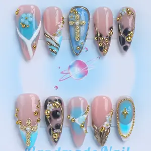 nailssbySheccid, 10pcs-Y2K press on nails, long pointed, 100%handmade, with French, 3D, smudge, hand-drawn designs, suitable for family dinners, dates, weddings, and the best gift for girls! Jelly gel, crystal sticks and rolling sticks are given as gifts
