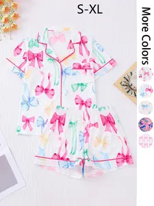 Women's All Over Bow Print Short Sleeve Pajama Set, Casual Comfy Button Front Chest Pocket Design Lapel Neck Top & Tie Front Elastic Waist Shorts PJ Set, Ladies Sleepwear for Summer, Pajamas, Pyjamas