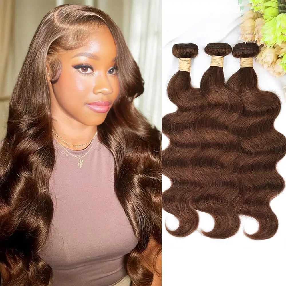 18 20 22 Inch Brown Human Hair Bundles Body Wave 3 Pcs - 100% Unprocessed Brazilian Virgin Hair Extensions Chocolate Brown Bundles Human Hair 4# Color (12A)