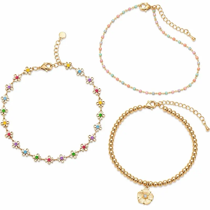 3 Piece Anklet Set - Pastel Flowers