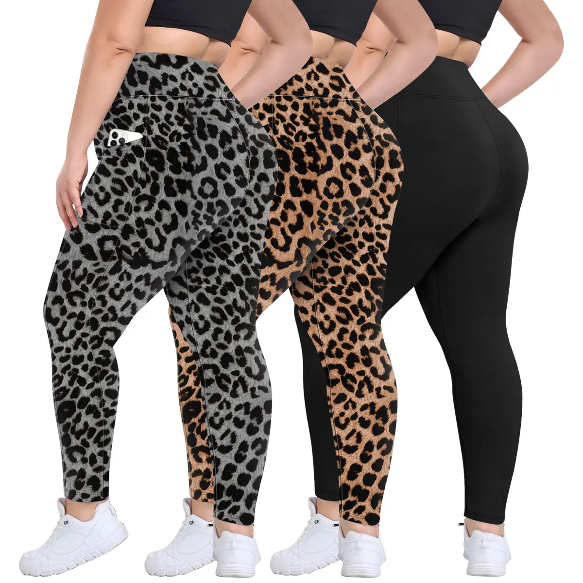 Women's Plus Size Leggings 3-Pack, Soft Stretchy High Waist Compression with Tummy Control, Curvy Fit Activewear with Deep Pockets for Workouts, Activewear Fitness, Female, Modest, Elastane, Deep Pocket Leggings, All Seasons