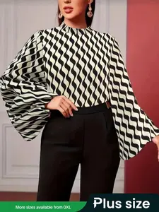 【Plus Size】 Wave Stripe Print Blouse, Chic Elegant Bell Sleeve Top for Summer, Women's Clothes for Daily Wear