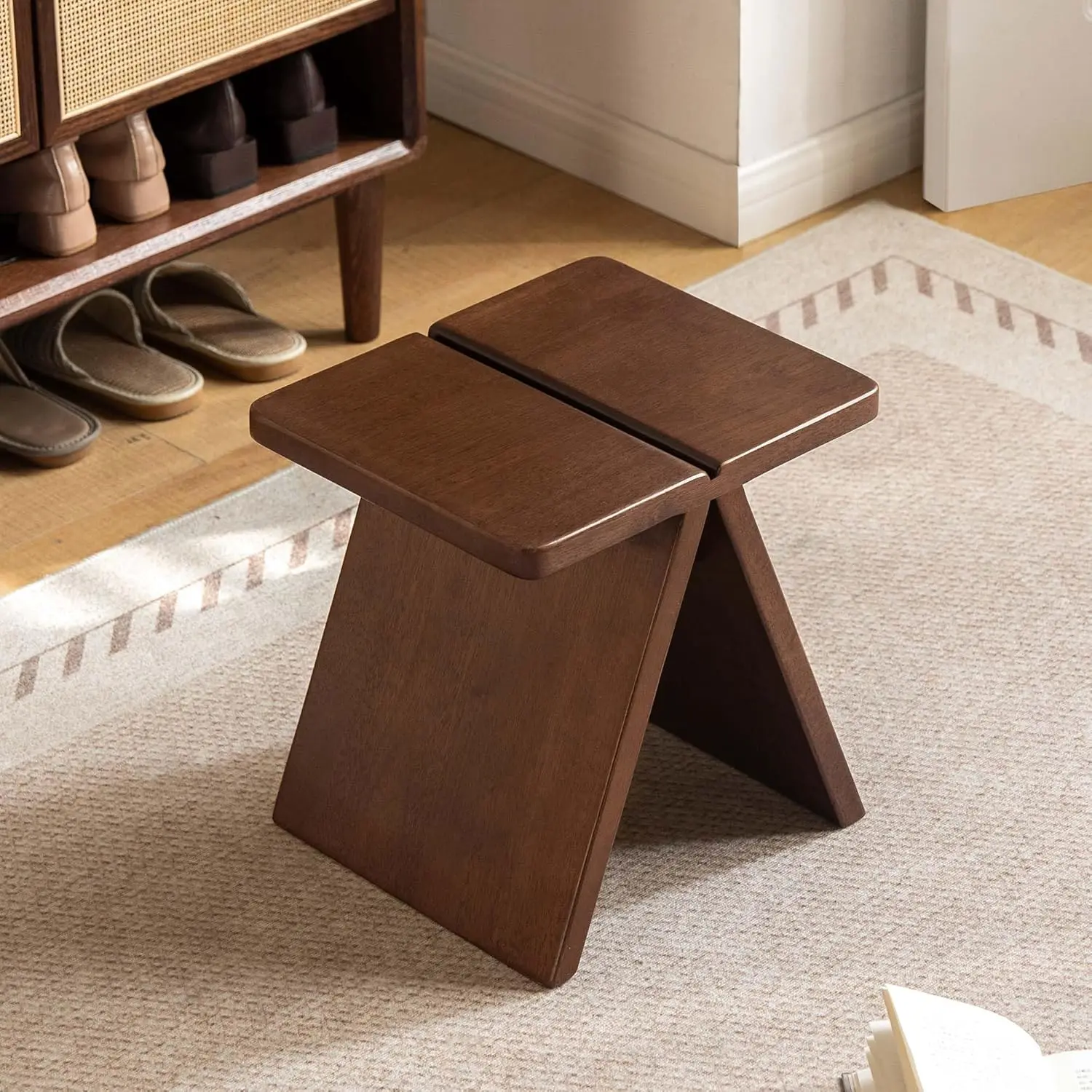 YESWOOD Solid Wooden Stool,Step Stool, Foot Stool(Walnut, 13.8inch) | 100% solid wood stool natural wood style perfect as step stool,shoe changing stool construction fits living room,bedroom