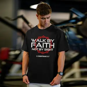 Jesus Walk By Faith Christian Men's Vintage Graphic Round Neck Tee, Casual Short Sleeve T-shirt for Daily, Men's Top for Daily Wear Vintage Graphic Tees
