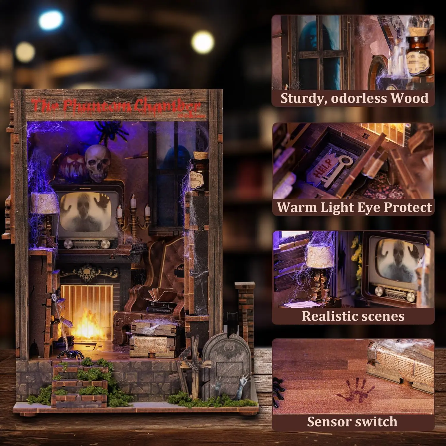 3D Wooden Horror Doll Playset - All-Inclusive DIY Kit, The Phantom Chamber Haunted Book Nook with LED Light, Doll House Accessory, Gift for Adults