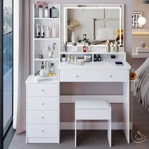 41" Large Size Left Bedside Cabinet Vanity Table+Cushioned Stool Dresser Set, 2 AC+2 USB Power Station, Hair Dryer Stand, Extra Large Touch Control LED Mirror, 3-color Switch, EPA, GCC, UL Certificate