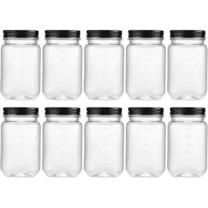 16 oz Clear Plastic Jars with Lids, Refillable 16oz Mason Jars with Lids & Storage Containers for Kitchen & Household Use (10 Pack,Black)