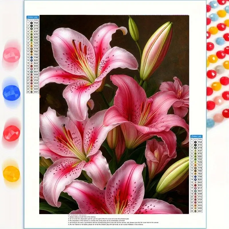 5D DIY Frameless Round Diamond Full Rhinestone Art Painting Kit Diy Kits Craft Supplies Lilies Floral Theme Mosaic Art Picture Artwork Room Home Decor Father's Day, Christmas, Mother's Day Birthday Anniversary Gift Ideal for Family Gathering Events