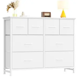 8-Drawer Fabric Storage Cabinet with Wooden Tabletop and Metal Frame, Multi-Functional Media Console & Storage Rack for Cloakroom, Bedroom, Living Room and Entryway, Spacious Compartments for Clothing, Blankets and Media Devices